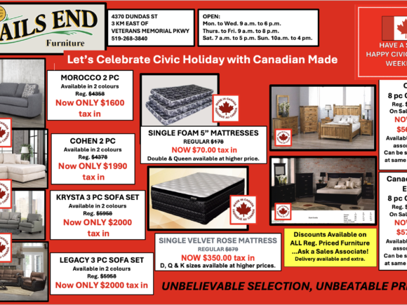 LET’S CELEBRATE THE CIVIC HOLIDAY WEEKEND WITH CANADIAN MADE AT TRAILS END FURNITURE!