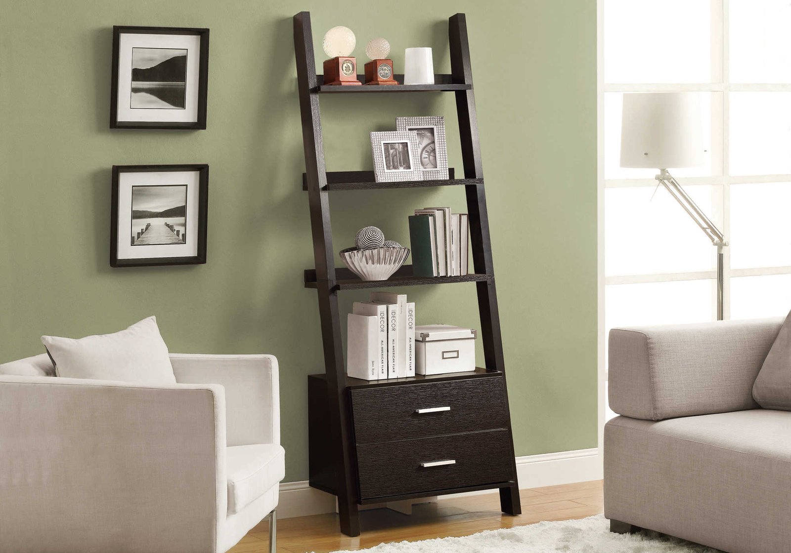BOOKCASE - 69"H / WHITE LADDER WITH 2 STORAGE DRAWERS - Image 4