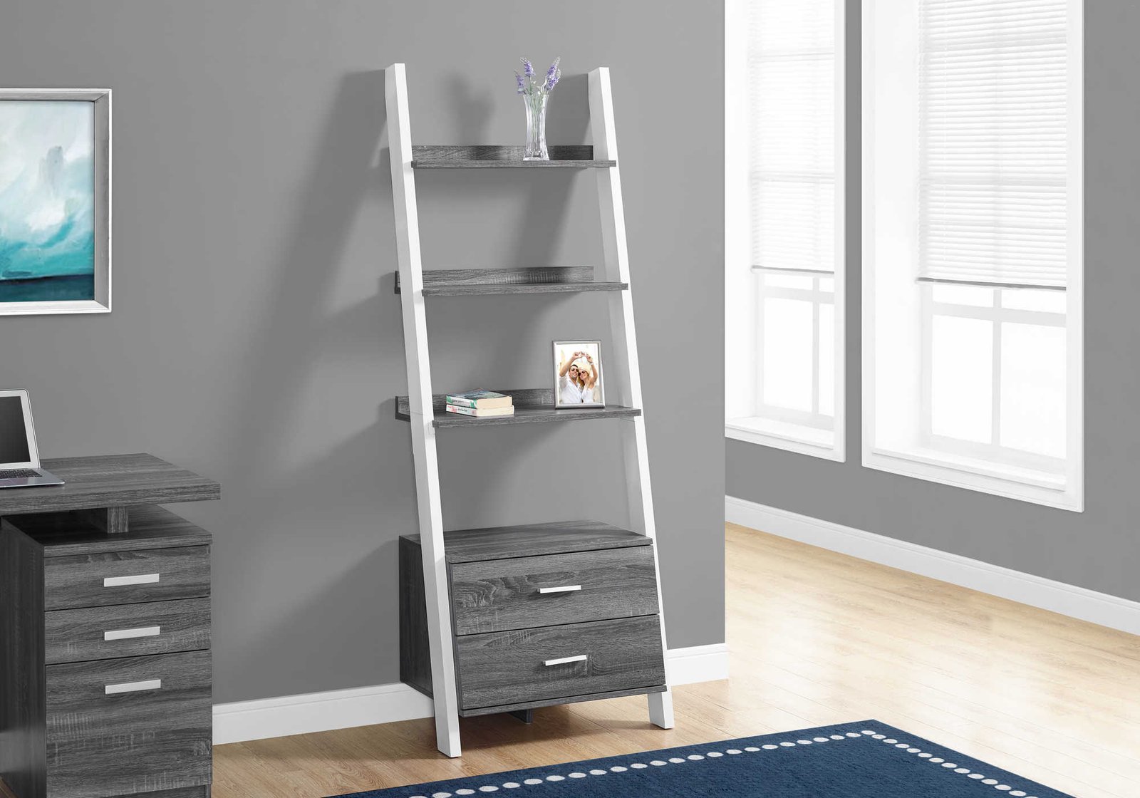 BOOKCASE - 69"H / WHITE LADDER WITH 2 STORAGE DRAWERS - Image 3