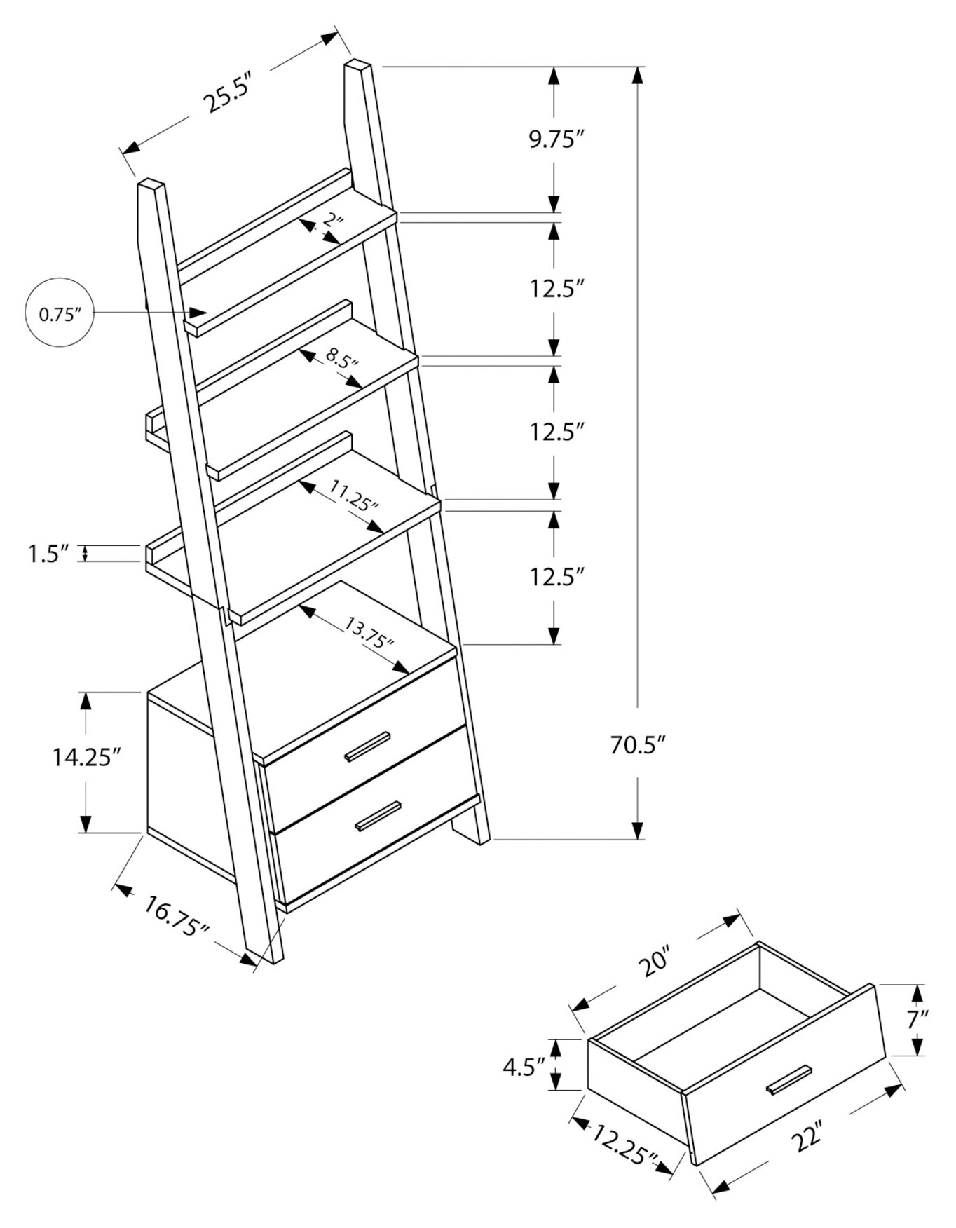 BOOKCASE - 69"H / WHITE LADDER WITH 2 STORAGE DRAWERS - Image 2